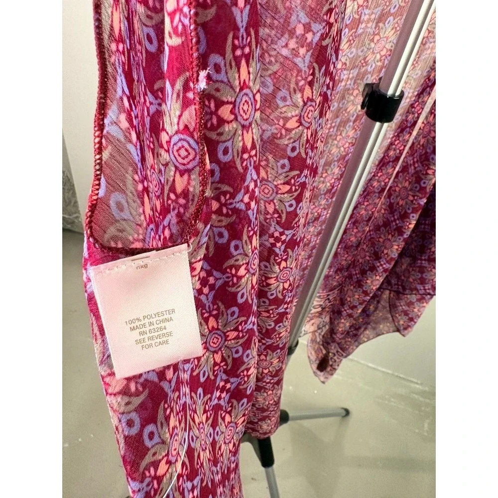Dressbarn Womens OS Magenta Purple Floral‎ Sheer Open Front Kimono Vest Tassels